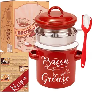 46 0Z Bacon Grease Container with Strainer 1.3LLarge Capacity With Silicone Spatula Enamel Bacon Grease Keeper for Drippings Farmhouse Red Kitchen Decor Dishwasher Safe Utensils