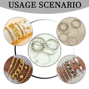 5-Piece Alloy-Plated Rope, Figaro, Cuban Concave, Franco, Byzantine Bracelet Set, 8.46" Length, 21.5cm/20.5cm/19.5cm/18cm+4.8cm Width Stylish, Layering Punk Jewelry for Women Girls