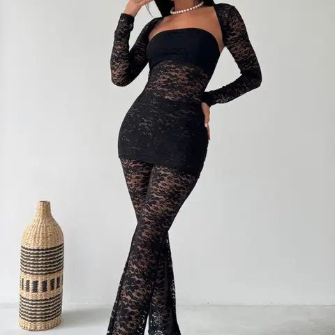 Women's Off-the-Shoulder 3-Piece Polyester Lace Sheer Leggings Clothing Set - Long Sleeve, Comfy, Lining Option, Backless, Fabric, Club Clothes, Going Out Outfit, XS-3XL