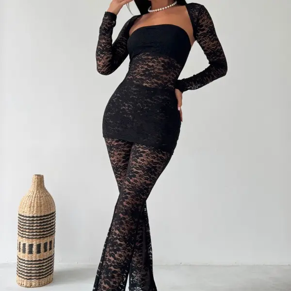 Women's Off-the-Shoulder 3-Piece Polyester Lace Sheer Leggings Clothing Set - Long Sleeve, Comfy, Lining Option, Backless, Fabric, Club Clothes, Going Out Outfit, XS-3XL