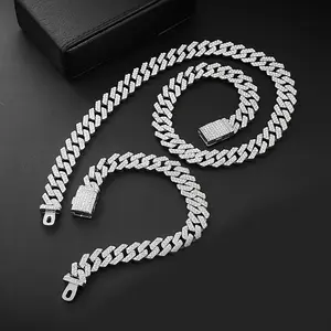 12mm Necklace +Bracelet Hip Hop Cuban Link Chain Set Miami Chain Sets Iced Out Jewelry Sets For Women Men Jewelry
