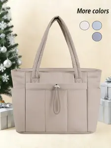 Practical minimalist high-end texture tote bag, casual versatile and fashionable large capacity shoulder bag, drawstring design, multi zipper pocket design, suitable for commuting, shopping, and gatherings, Soft Commuter Tote