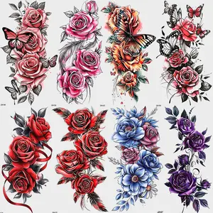 8 Sheets Vibrant Rose Butterfly Temporary Tattoo Stickers, Elegant Rectangular Body Art Decorations for Women Adults Arms