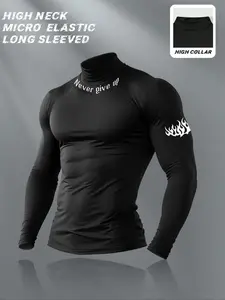 Men's High Neck Micro-Elastic Tight Long Sleeve T-Shirt, 'never Give Up' Fitness Training Top, Comfortable and Durable Design