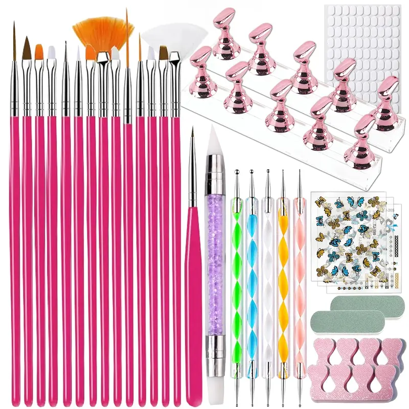 Nail Art Tools Set, 15 Nail Art Brushes 6 Nail Dotting Tool 3 Nail Stickers 2nail buffer 2 toe separator with Nail Stand Holder for Nail Tech & Beginners Nail Art Supplies Kit (Pink)