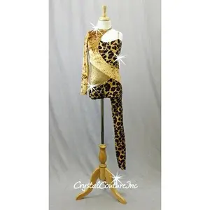 Gold & Cheetah Print Velour Asymmetrical Biketard - Swarovski Rhinestones