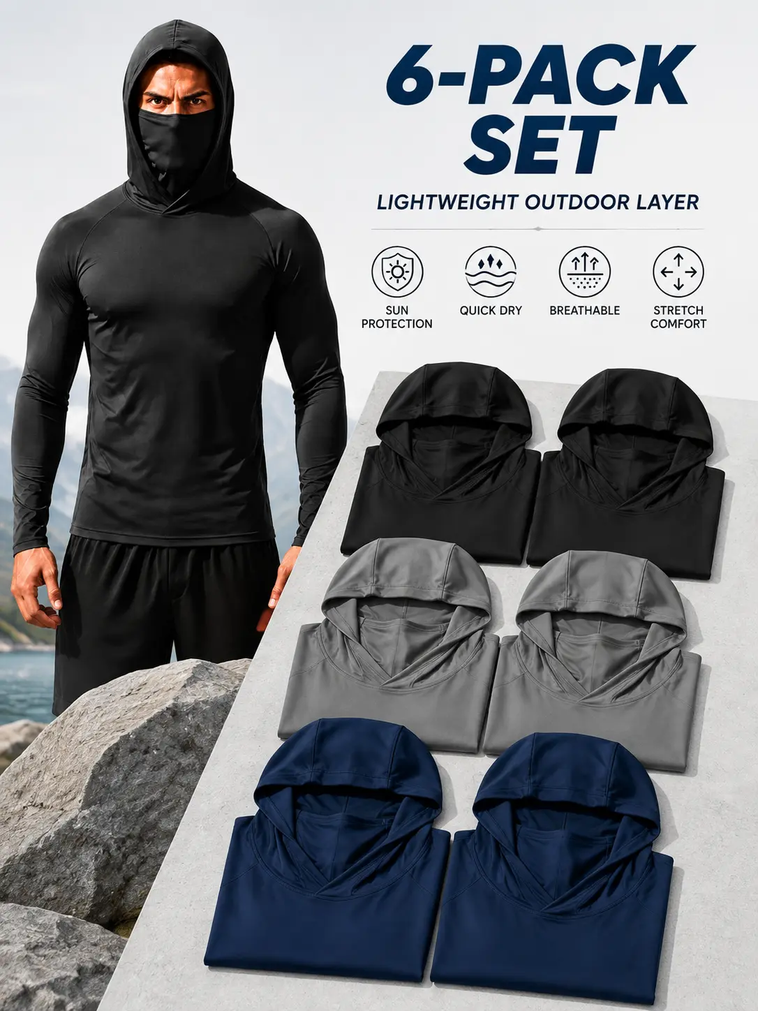 ¡Órale! 6 Hooded Sun Shirts. Hood+mask, quick-dry, stretchy. Perfect for fishing, gym, trails, or job sites. 6 tops (pure shirts). Crazy value! ¡Venga!