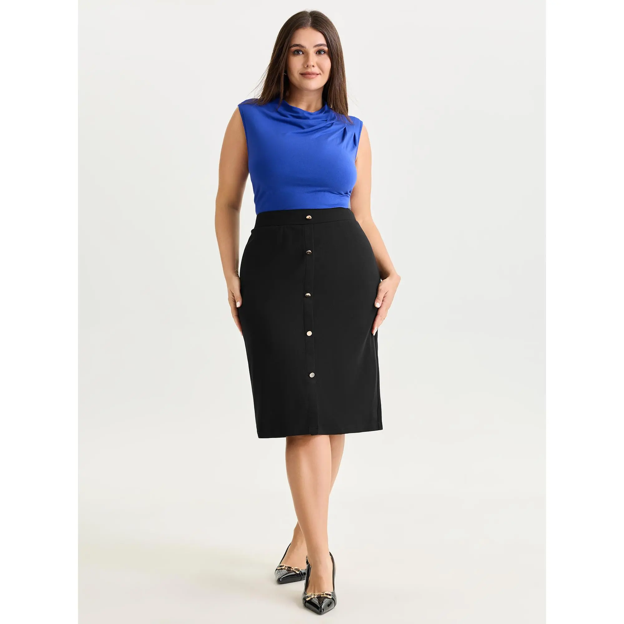 BLOOMCHIC Women's Plus Size Basic Spandex Midi Skirt - Stretchy, Button Detail, Straight-Fit, Pocketed, Simple, Breathable, Everyday Elegant Minimalist Bottoms for 2026 Summer [M-6X], Summerfinds, Fabric, Comfy, Midi Skirts, Flowy Skirts