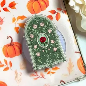 Green Floral Window Phone Grip, Vintage Rose Aesthetic Pop Socket, MagSafe Compatible Grip Stand, Cute Botanical Holder for iPhone Android Kindle Cozy Gift