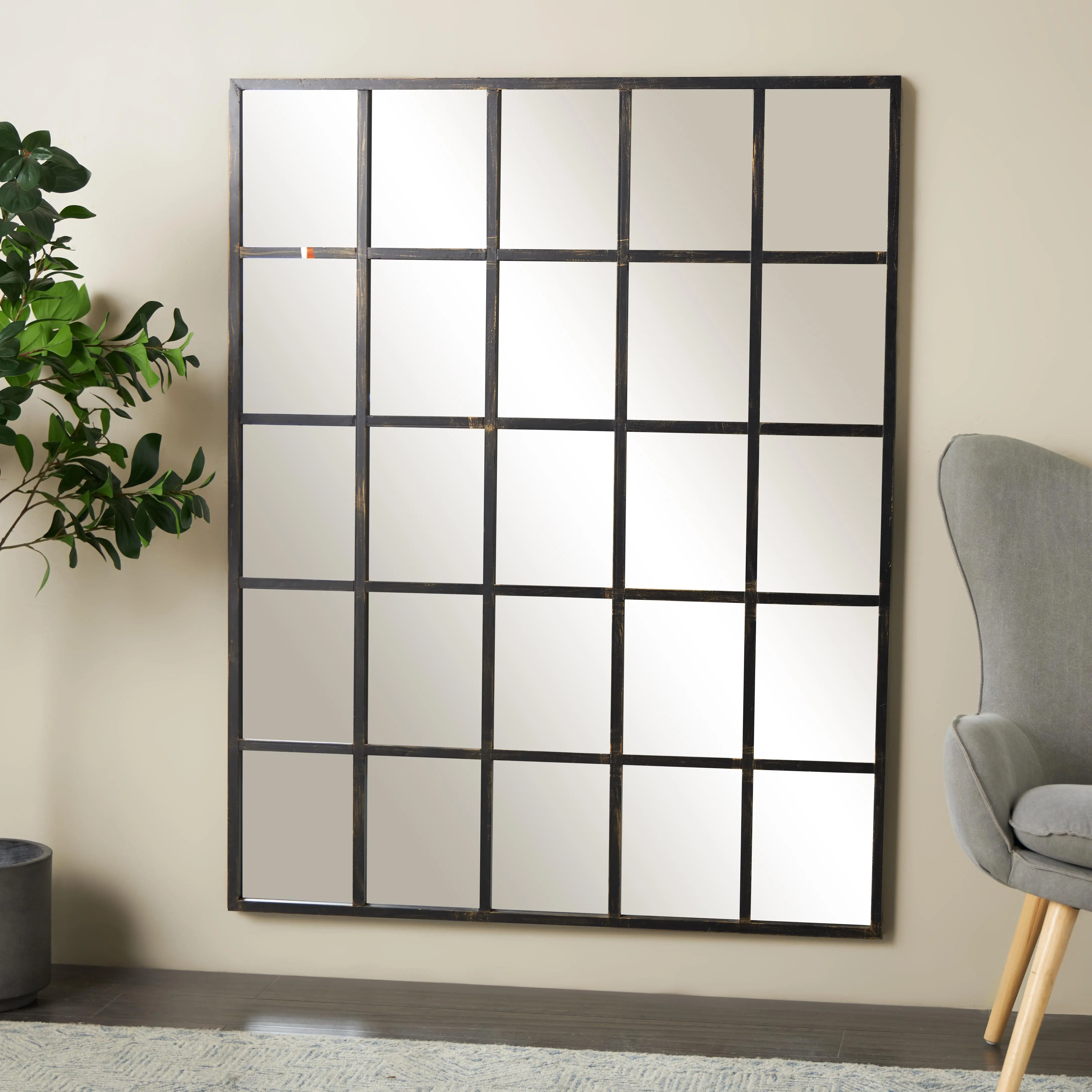 Black Metal Window Pane Inspired Grid Wall Mirror - 56"x1"x44" for Entryway, Room Decor, Apartment Decor Ideas