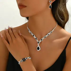 New women's jewelry set, high-end crystal gemstone women's teardrop necklace, earrings, and bracelet