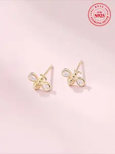 S925 Sterling Silver Cute Bee Design Stud Earrings, Fashionable Rhinestone Decor Earrings for Women & Girls, Trendy All-match & Exquisite Jewelry for Birthday Gift