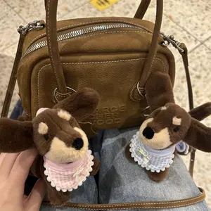 Cute Gingham‑Bib Dachshund Plush Keychain Set, 2‑Styles Pink‑Blue Checkered Dog Bag Charms, Kawaii Long‑Ear Animal Pendants