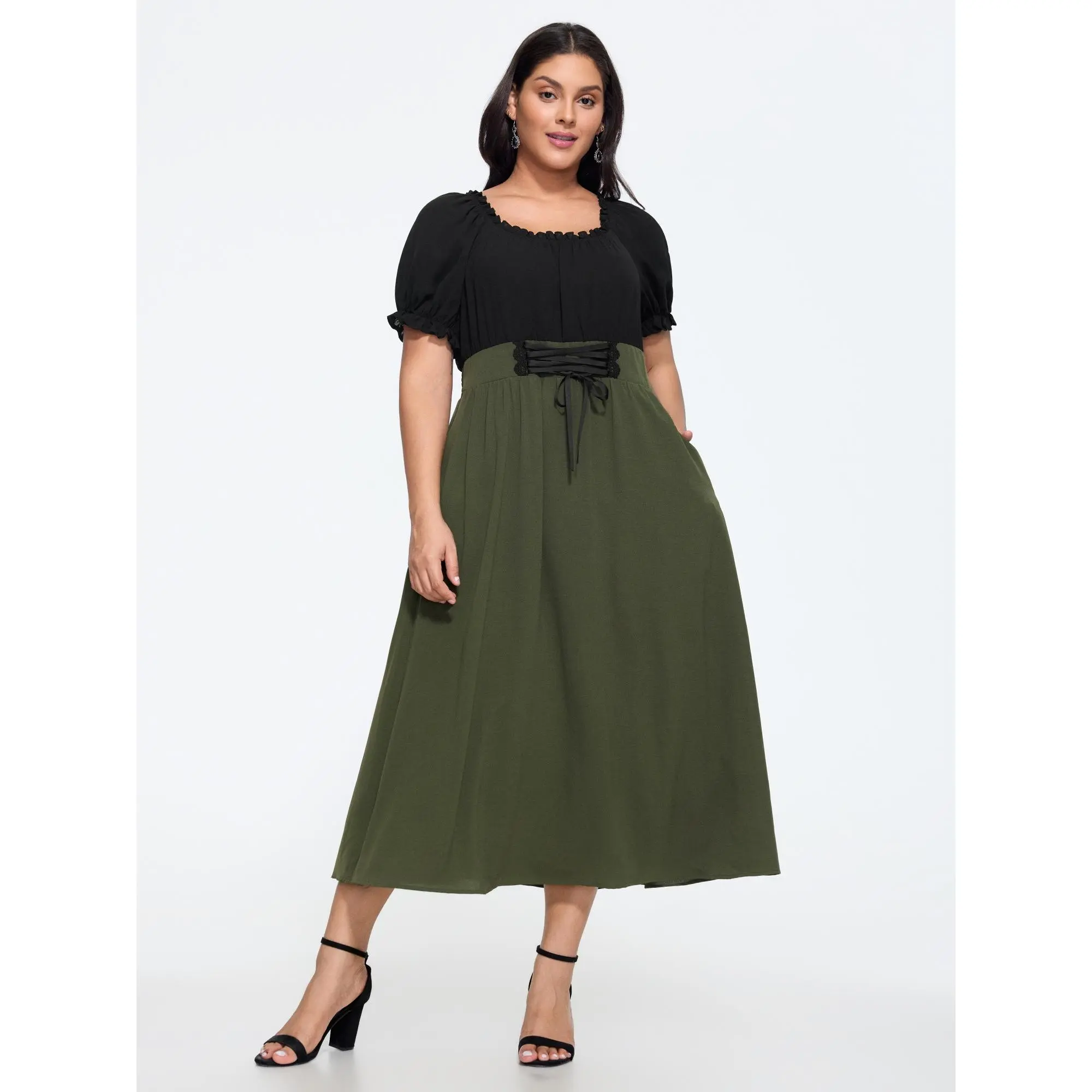 BloomChic Plus Size Color Block Puff Sleeve Tie Waist Midi Dress[M-6X] Back To School,Spotlight Day