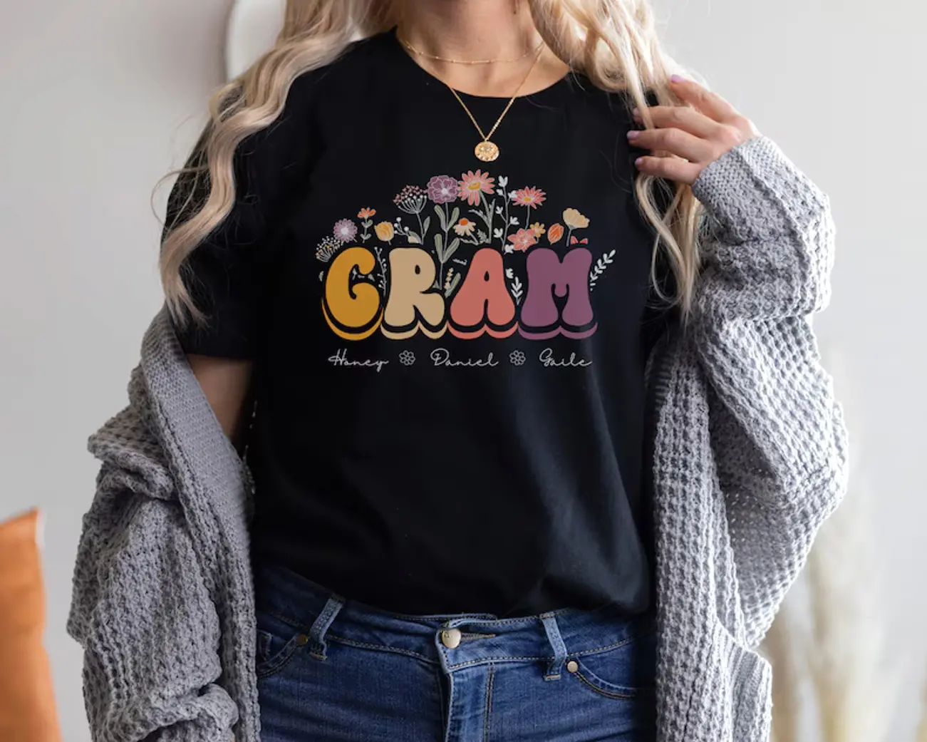 Custom Gram Floral Shirt, Personalized Mother's Day T-Shirt, Gram With Grandkid Names Apparel, Gift For Grandma From Kids, Blessed Gram Tee