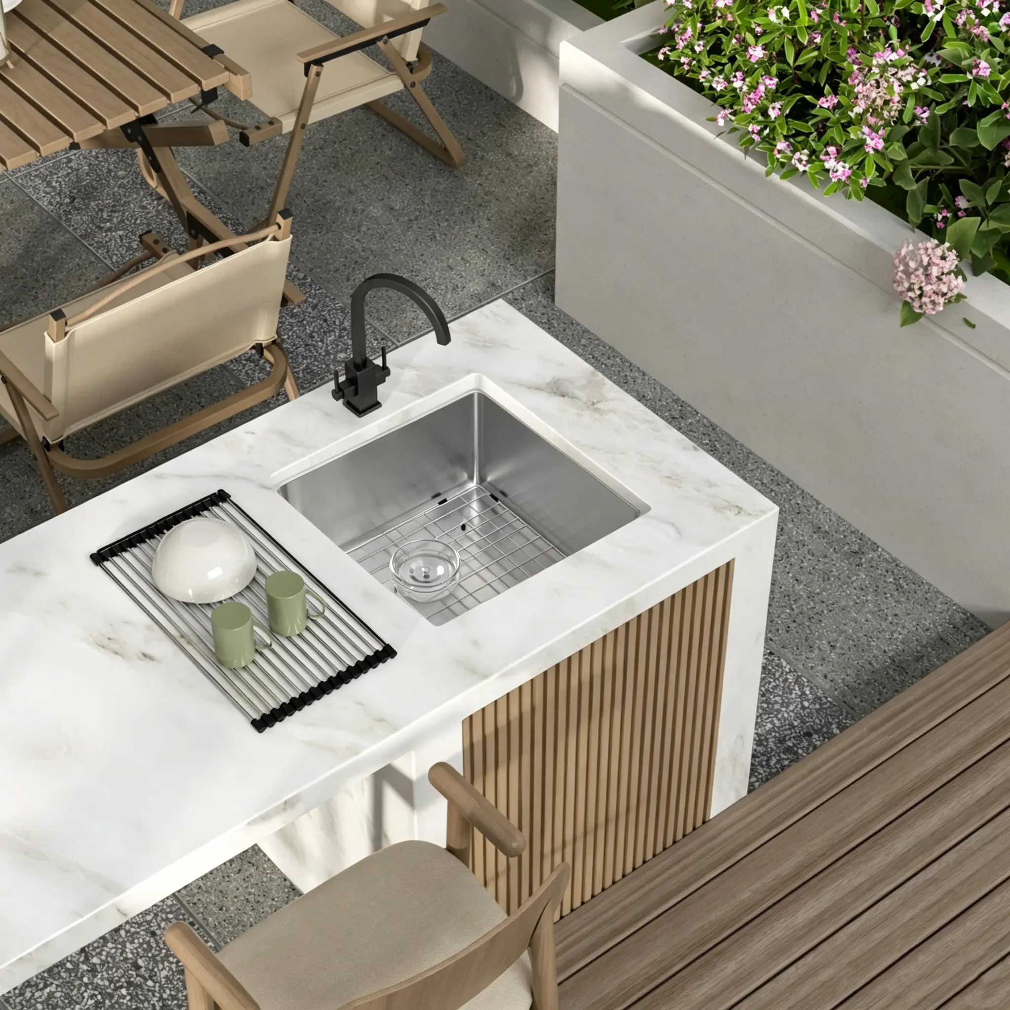 Kichae Industrial Rectangle Brushed Stainless Steel Undermount Single Bowl Kitchen Sink (21"W×18"D×9"H Deep Basin) with 19"W×16"D Adjustable Roll Up Rack, Bottom Grid, Drain Kit, Anti-Condensation, Heat Resistance for Dual Use