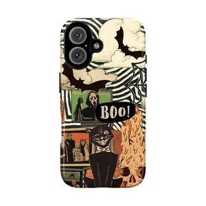 Halloween Collage Phone Case – Spooky & Vintage Design with Black Cat, Screaming Masked Figure, and "BOO!" Accents – Protective Cover for Apple iPhone 7–16, Samsung Galaxy S21–S24, Google Pixel 6–9 – The Perfect Halloween Season.