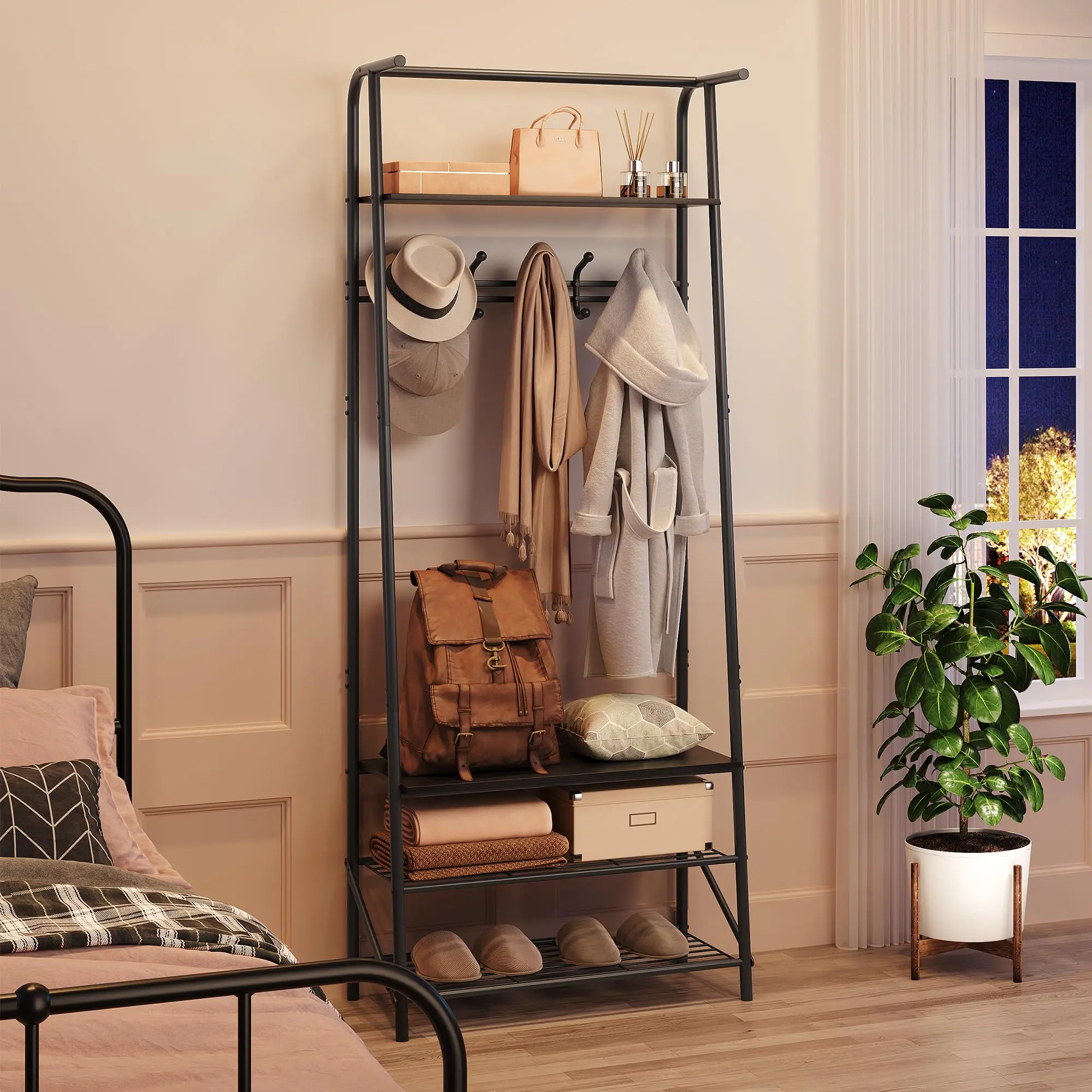 Garvee coat rack hallway tree with bench and shoe storage entrance bench with coat rack 5 hooks and 3-tier shoe storage metal frame for entrance area, hallway, front door, black