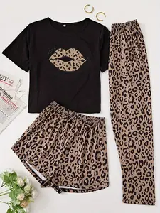 Women's Leopard Print Pajama Set, Casual Comfy Round Neck Tee & Shorts & Pants Loungewear Set, Ladies Sleepwear for Summer, Leopard Print Pajamas