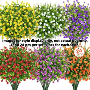 24 Bundles Artificial Decorative Flowers for Outdoors, UV Resistant Faux Plastic Greenery, Mixed Color Shrubs for Garden, Porch, Window Decor, Artificial Outdoor Plants, Fake Plant Decoration