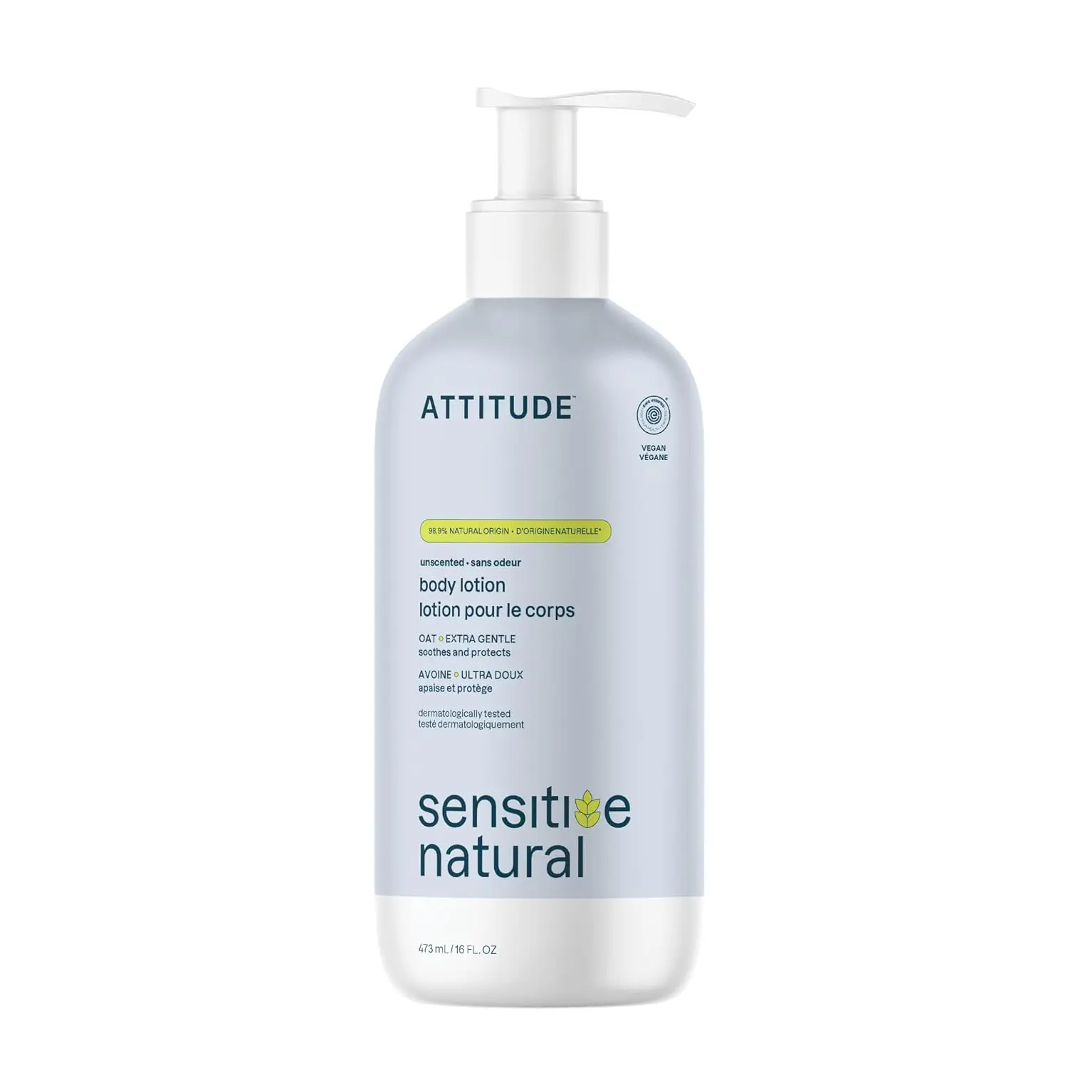 ATTITUDE Sensitive Skin Body Lotion, Fragrance-Free, Soothing Oat Formula, Hydrating Care for Dry Skin, EWG Verified, Dermatologically Tested, Vegan, Unscented, 16 Fl Oz