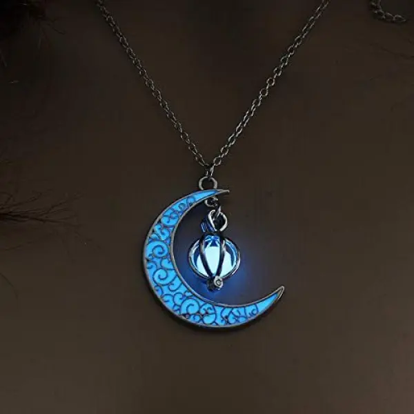 Glow in The Dark Silver Crescent Moon and Orb Necklace - Glowing Blue Moon Charm - Magical Fantasy Fairy Glowing Necklace - Glow Jewelry (sky blue)