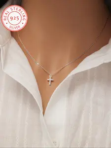 925 Silver Color Zircon Cross Necklace for Women, Minimalist Chain Necklace, Unique Design Clavicle Chain, Elegant Necklace, Chic and Luxurious Gift for Girlfriend