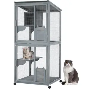 69" Wooden Catio Outdoor Cat Enclosure, Indoor and Outdoor Catio with Waterproof Roof and Resting Boxes & Fixable Wheels
