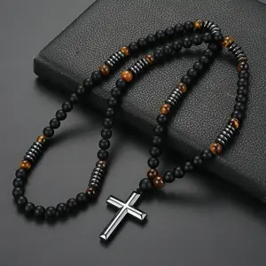 Men'S Necklace Featuring an 8Mm Matte Black Natural Stone Yellow Tiger Eye Cross Pendant