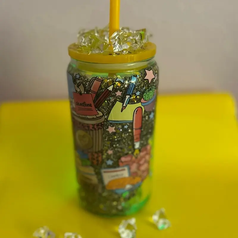 Yellow Snow Globe Glass Cup 16 with Girly Wrap and Glitter Featuring Fun Illustrations and Sparkling Accents