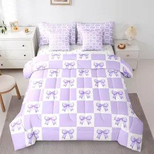 Princess Bowknot Bed Set,in a Bag 7 Pcs,Dreamy Purple Bow-tie Girly Bow Bedding Set,Geometric Grids Plaids Patchwork Purple White Comforter with Fitted,Flat Sheet,Pillowcase,Pillow Covers