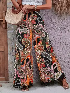 Boho Style High Waist Wide Leg Pants for Women, Peacock Print Loose Casual Long Pants, Summer Vacation Fashion Tassel