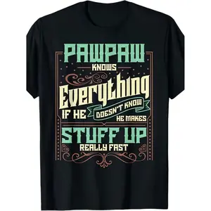 Mens TShirt with Geometric Pawpaw Knows Everything Design Featuring Casual Crew Neck Short Sleeves and Machine Washable Fabric