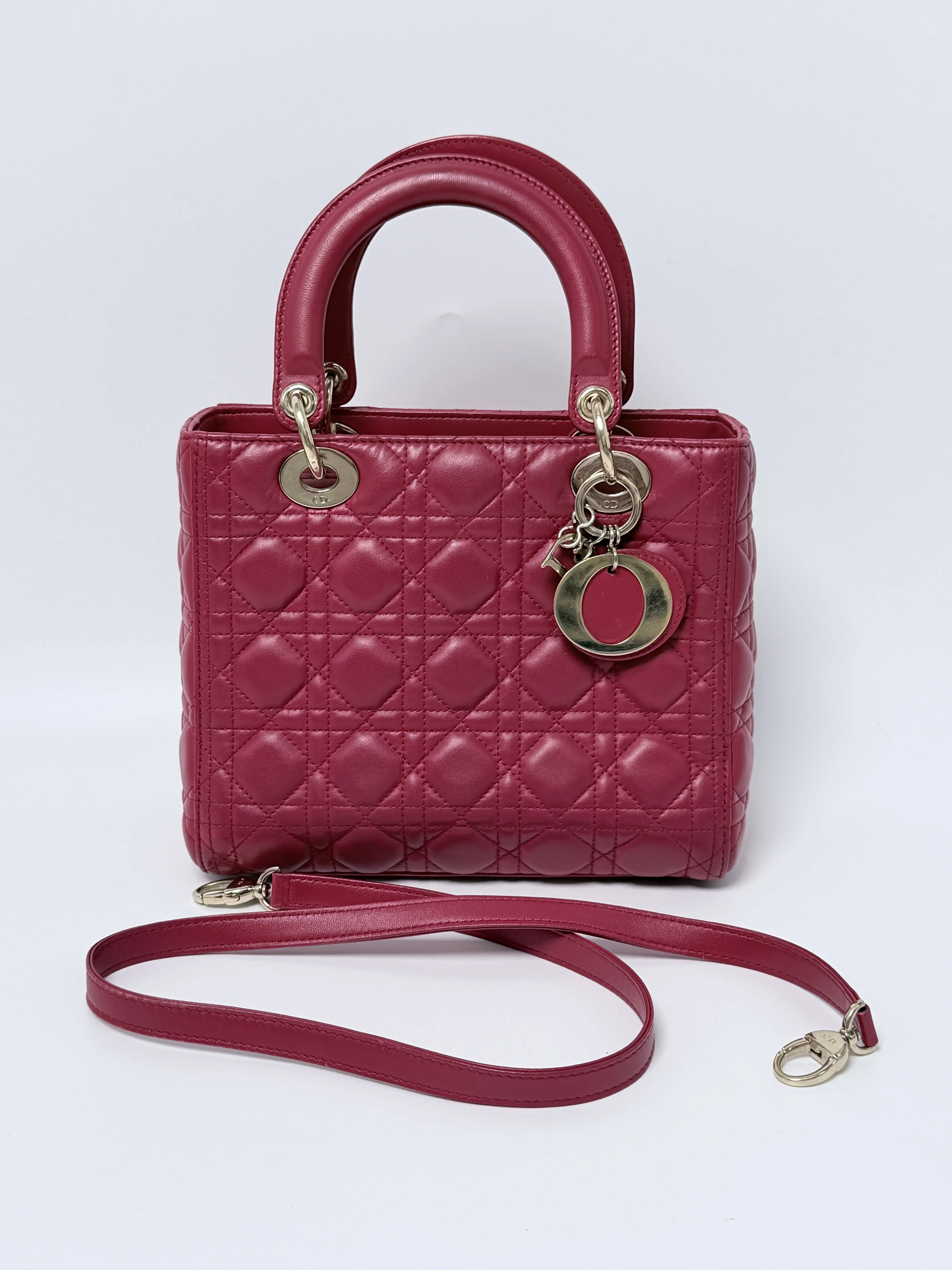 Pre-owned Dior leather Crossbody Bags Christian Lambskin Cannage Medium Lady Dark Red P002CD