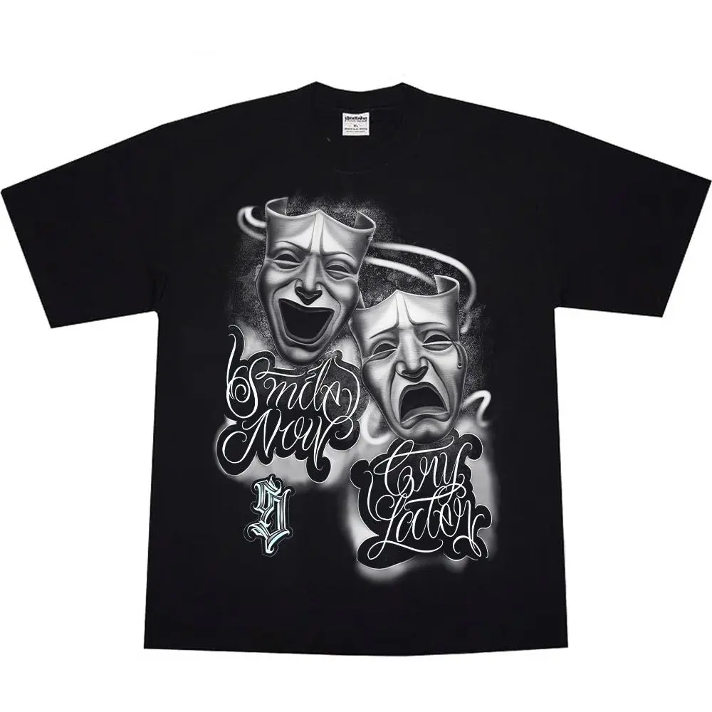 Men's Smile Now Cry Later Graphic T-Shirt, Casual Chicano Streetwear Style, Cotton Short Sleeve Round Neck Fashion Tee, Shortsleeve, Menswear, Tshirt