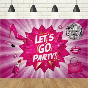 1pc, 2d, Let's Go Party Backdrop, Pink High Heels Lipstick Disco Ball Design, Hot Pink Aesthetic Party Banner, Perfect for Bachelorette, Girls' Night, Adult Party Decor, Photo Booth Background