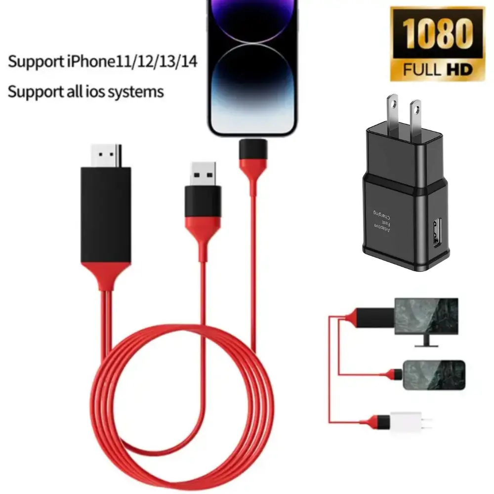 1080P HD iPhone to HDMI Adapter Cable Accessories, 2m/6ft Screen Converter, 5V 1A Output, Plug-and-Play, Metal-Plastic Build, 1-Piece with Manufacturer Warranty