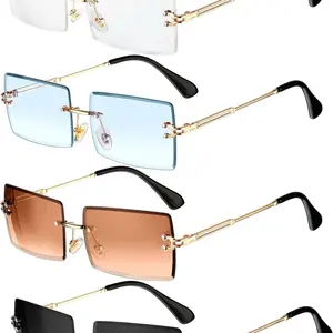 4 Pairs Rimless Rectangle Sunglasses Tinted Frameless Eyewear Vintage Transparent Rectangle Y2K Glasses for Women Men