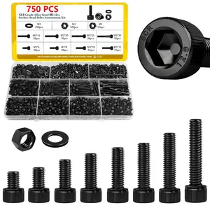 750pcs M3 Hex Socket Head Bolt, Nut & Washer Assortment Kit | 6-30mm Lengths (8 Sizes) | 12.9 Grade Alloy Steel Black Zinc Plated | Heavy-Duty Fasteners for 3D Printers & DIY Projects