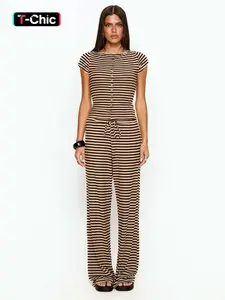 Women's Two-Piece Striped Patchwork Short Sleeve Top & Wide Leg Pants Set, Casual Daily Wear, Womenswear