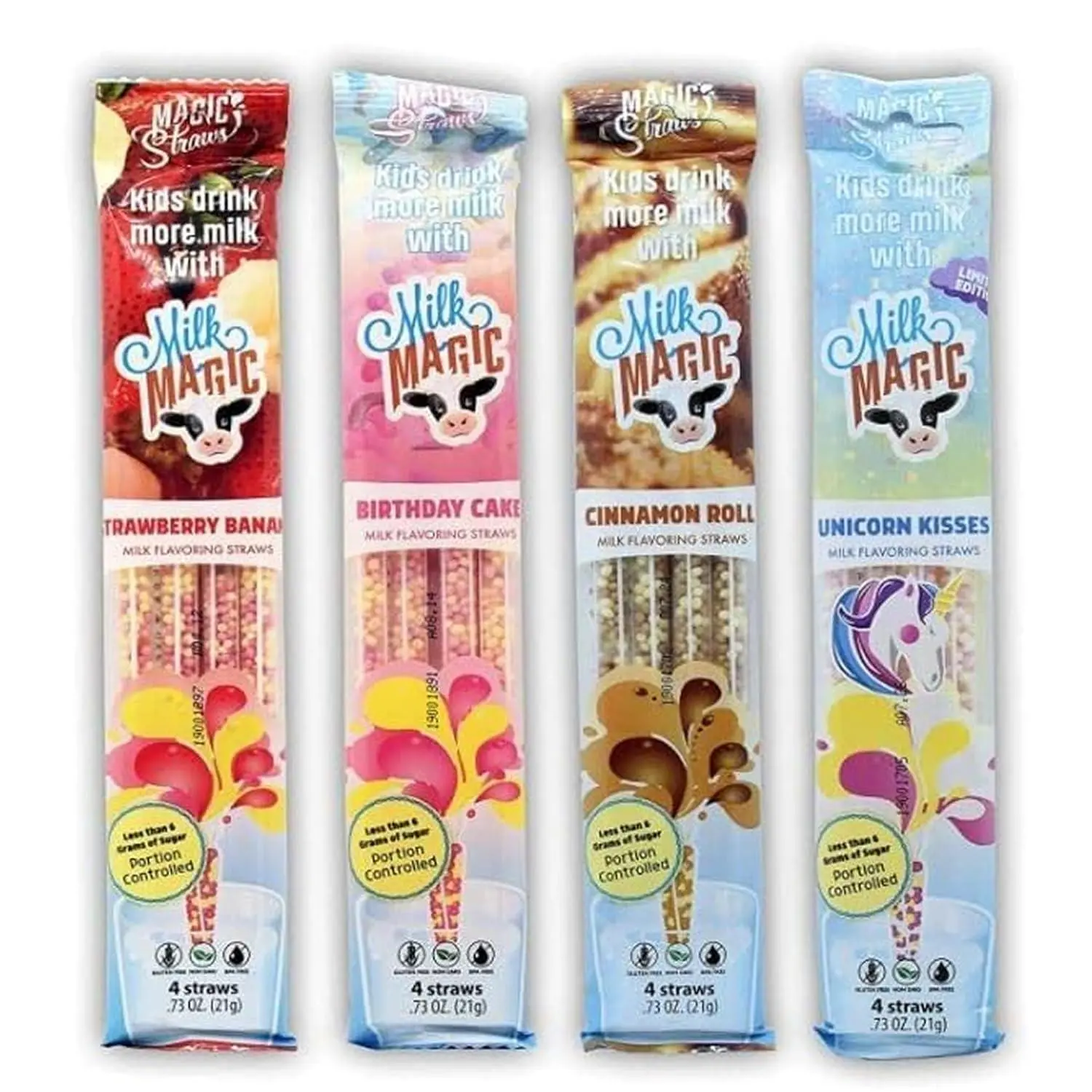 Milk Magic Flavored Straws for Kids | 16 Pack Variety Bundle | Low Sugar & Delicious Milk Flavoring Unicorn Kisses, Strawberry Banana, Birthday Cake & Cinnamon Roll Straws | Gluten-Free & BPA-Free