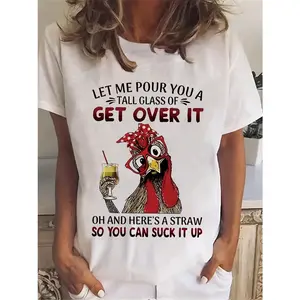 Get Over It Chicken Funny Quote Graphic Cotton T-Shirt, Humor Comfort Tee, Oversized Fashion Outfit, Sarcastic Casual Shirt, Birthday & Gift For Her