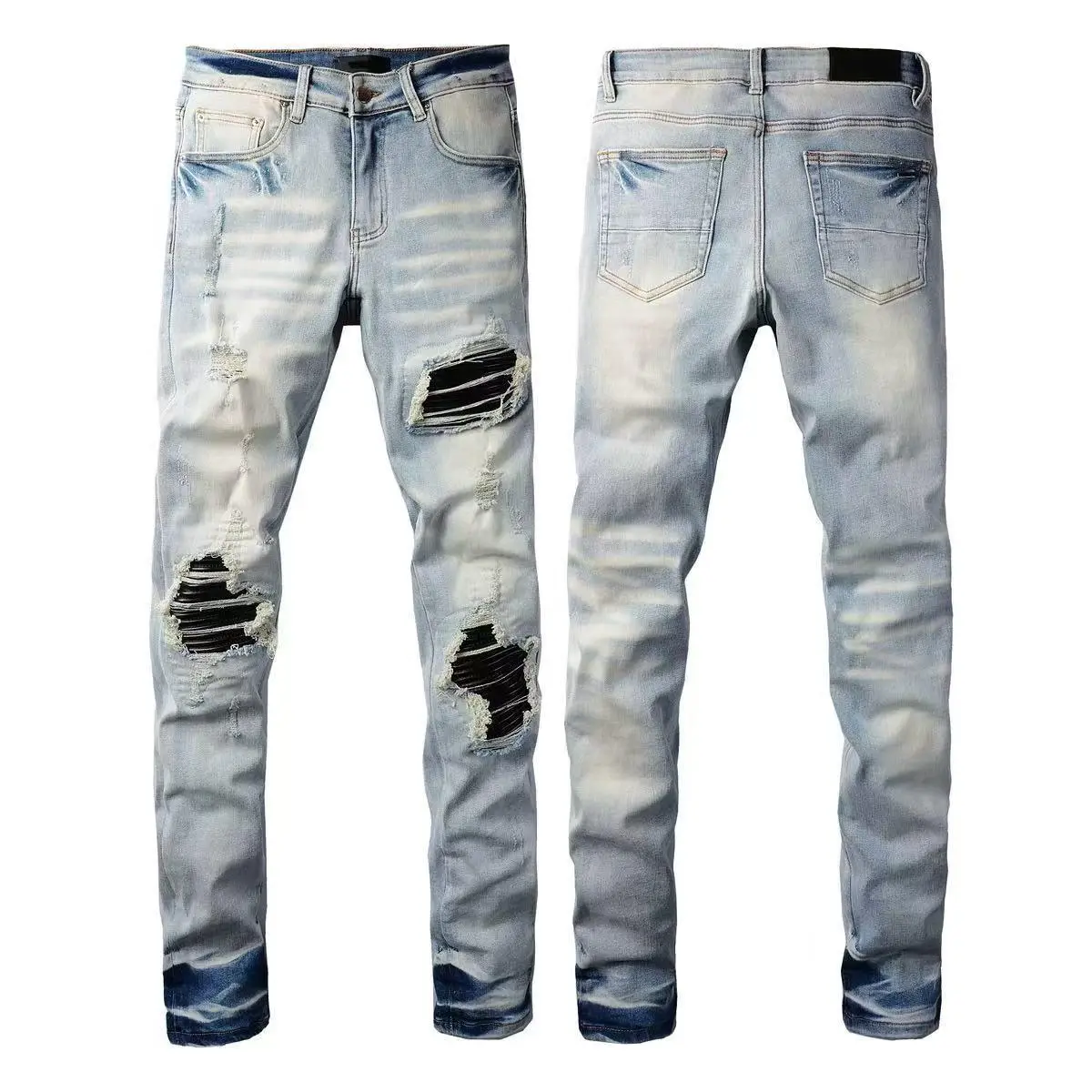 Men’s Slim Fit Distressed Ripped Patch Jeans, Washed Faded Destroyed Patchwork Skinny Denim Pants Streetwear Casual Trousers for Men Menswear Overall