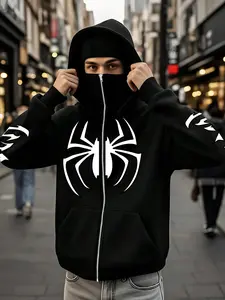 Unisex Couple Sweatshirt Set, Dual-Layer Hat Design, Spider Print Hoodie with Zipper, Street Style Casual Fashion Trend