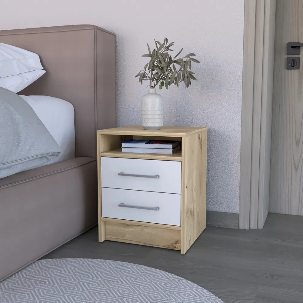 Modern 2-Drawer Plastic Nightstand with Metallic Handles, High-Quality Material Bedroom Storage Piece, 19.9'' H x 15.7'' W x 14.7'' D Functional Indoor Furniture, Two Drawers