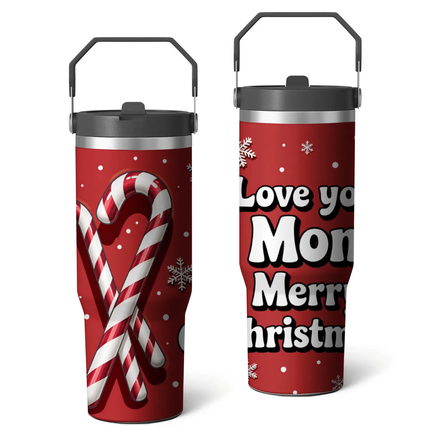 Stainless Steel Travel Tumbler Red Candy Cane and Snowflake Design Love You Mom Merry Christmas Print Holiday Gift for Mom