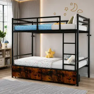 Twin Over Twin Bunk Bed Metal Bunkbeds with Ladder Space Saving No Box Spring Needed Heavy Duty Steel Frame for Kids Teens Adults Bedroom Guest Room Dormitory Black, Twin Size Options, Black Color Options, Metal Material, Product Dimensions: