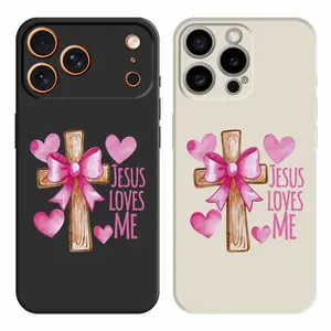 Cross and Bows with Jesus Loves Me Text Pattern Phone Cases For iPhone 17 Pro Max 17Air 16 Plus 16e 15 14 13 12 11 Shockproof TPU Soft Liquid Silicone Casing Cover With Lanyard Button