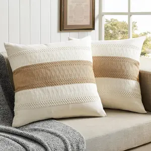 2 Packs Cotton Boho Throw Pillow Covers 22x22 Inch Contrast Brown, Soft Farmhouse Decorative Couch Pillow Cases Neutral Cushion Covers for Sofa Bed Living Room Home Decor