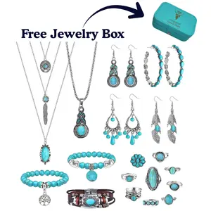 Bohemian Jewelry Set with Turquoise Pendant Layered Necklace 2 Turquoise Hoop Earrings 2 Bead Bracelets 9 Turquoise Knuckle Rings for Women 40cm Adjustable Length Choker Style tiktokshopspringglowup